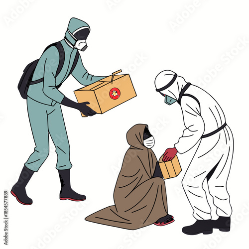 People in hazmat suits delivering boxes to a woman 1