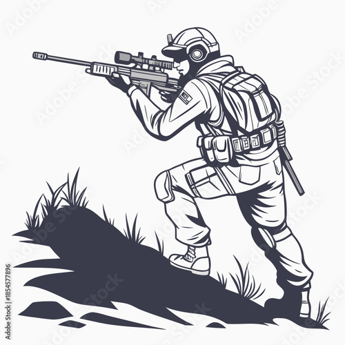 Soldier aiming rifle from behind a hill sniper military 1