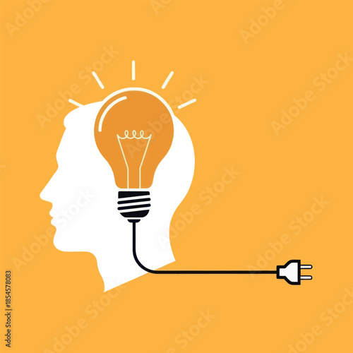 Creative idea concept with light bulb in human head on orange background