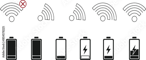 Digital interface icon set featuring wireless wifi signal strength levels and battery charging status indicators in minimalist vector style