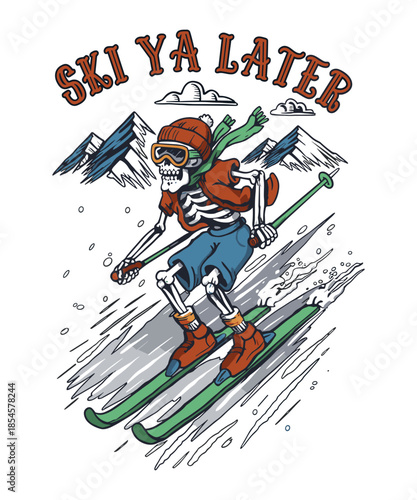 Skeleton skiing action vector illustration isolated on white background