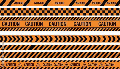 Industrial yellow and black caution tape set featuring warning stripes checkered patterns and emergency barrier ribbons for safety zones