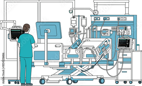 Intensive care unit medical illustration with nurse monitoring patient life support systems and advanced hospital emergency room equipment