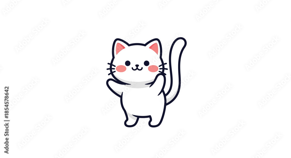 Obraz premium A charming illustration of a happy white cartoon cat waving its paw, exuding cuteness and friendliness, perfect for playful designs and digital greetings
