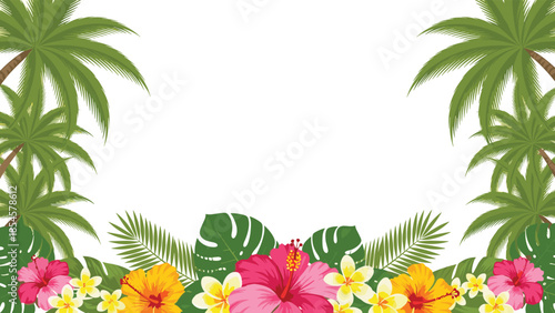 Vibrant tropical frame features pink hibiscus flowers plumeria blossoms and palm tree fronds on a clean white background.