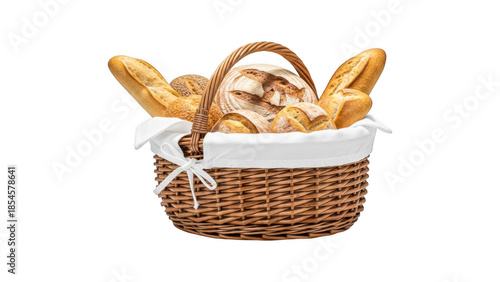 Wicker basket filled with various types of bread on transparent background