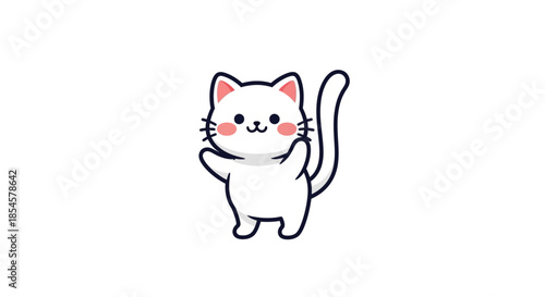A charming illustration of a happy white cartoon cat waving its paw, exuding cuteness and friendliness, perfect for playful designs and digital greetings