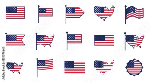 A comprehensive collection of illustrative American flag and map designs, showcasing patriotism and national identity in various stylized forms for digital projects and graphic design resources