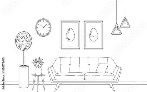 Minimal Living Room Interior Line Art Vector Illustration with Sofa, Wall Decor, Plants, Clock and Pendant Lights