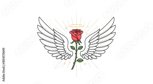 Graceful illustration of a vibrant red rose, elegantly framed by ethereal angelic wings and crowned with a subtle golden halo, embodying pure beauty, divine love, and spiritual serenity