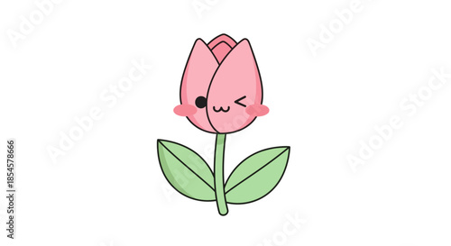 Cute Pink Tulip Illustration with Green Leaves and a Wink, Representing Spring and Joyful Greetings