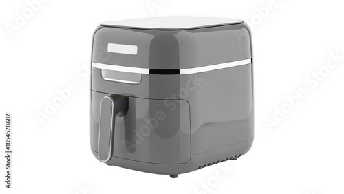Modern gray air fryer with digital display and handle on transparent background