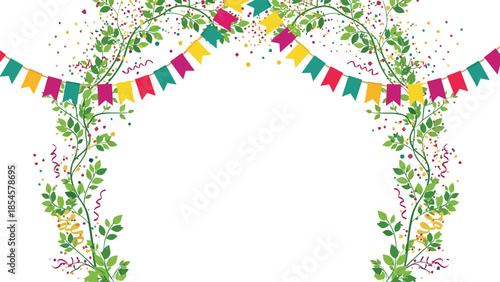 Festive celebration background includes an arch of green leaves colorful bunting flags and vibrant confetti on white.