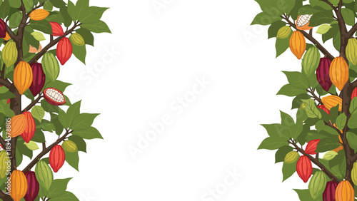 Decorative border of cacao tree branches showing colorful pods in yellow red orange and green among lush green leaves.