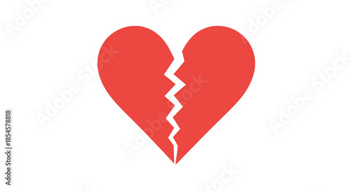 A stark red broken heart symbol, signifying heartbreak, sadness, and lost love on a clean white background