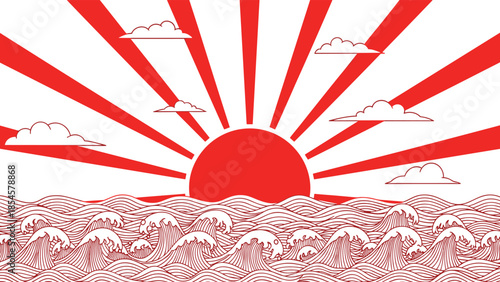 Graphic representation of the Japanese rising sun with long red rays shining over stylized waves and small white clouds.