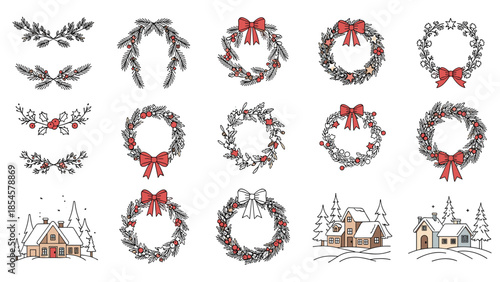 Large set of hand-drawn Christmas wreaths and winter house sketches featuring ribbons berries and snowy landscapes.