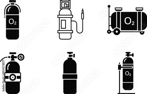 Oxygen Cylinder and Medical Gas Tank Silhouette Vector Icons Set for Hospital, Industry and Emergency Use