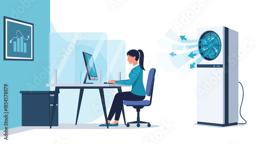 Modern office environment shows a woman working at a computer with protective acrylic partitions and an air purifier.