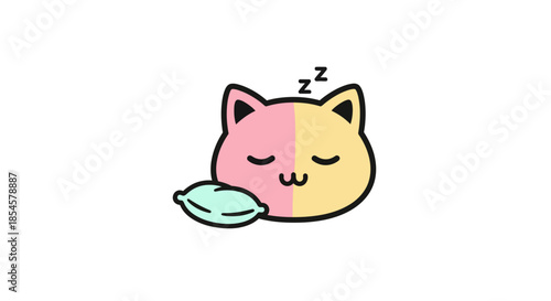 Cute illustration of a sleeping cat with a pillow, depicting rest, comfort, and peaceful slumber with a whimsical, charming aesthetic for relaxation and cozy vibes
