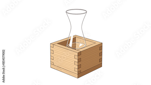 Traditional Japanese sake serving style shown with a glass tokkuri bottle placed inside a square wooden masu cup.