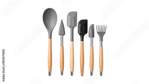 Set of six kitchen utensils with wooden handles and metal heads on transparent background