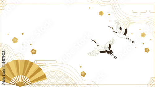 Graceful Japanese themed background features two cranes flying above stylized golden waves with plum blossoms and fans.