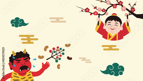 Traditional Setsubun festival illustration shows a red ogre being repelled by beans and a smiling okame mask under plum trees.