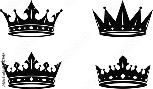 Set of elegant black royal crown silhouettes with various luxury heraldic designs for king queen and nobility branding
