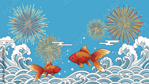 Dynamic summer scene features bright goldfish swimming above powerful blue waves with exploding fireworks in the sky.