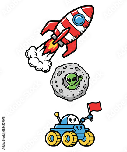 Cartoon rocket, alien, and rover vector illustration isolated on white background