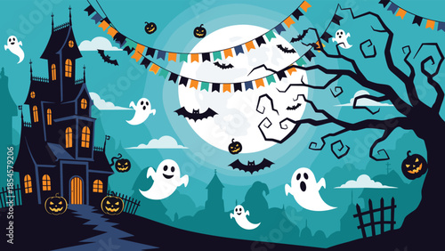 Spooky Halloween night scene features a haunted castle ghosts bats and jack o lanterns under a large bright full moon.
