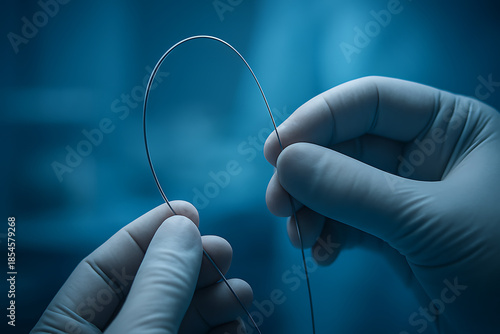 Surgeon hands in blue gloves manipulating a flexible medical guide wire for cardiovascular procedure infrastructure