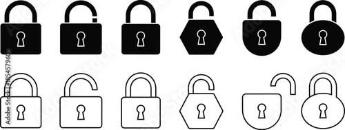 Security padlock icon set featuring open and closed locks in solid black silhouette and minimalist outline vector styles