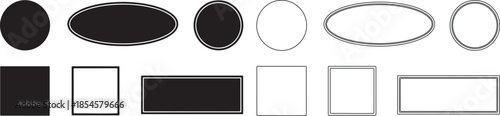 Vector collection of basic geometric shapes including black and white circles, ellipses, squares, and rectangles for graphic design isolated PNG with Transparent Background