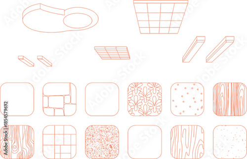 Various tile and flooring designs in red outline on white architectural drawings CAD