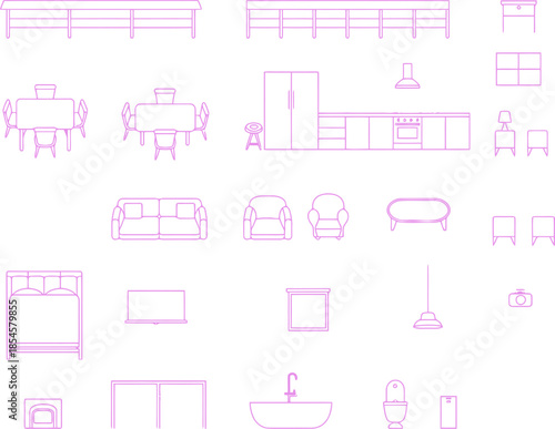 Collection of home furniture and appliances line drawings architectural drawings CAD
