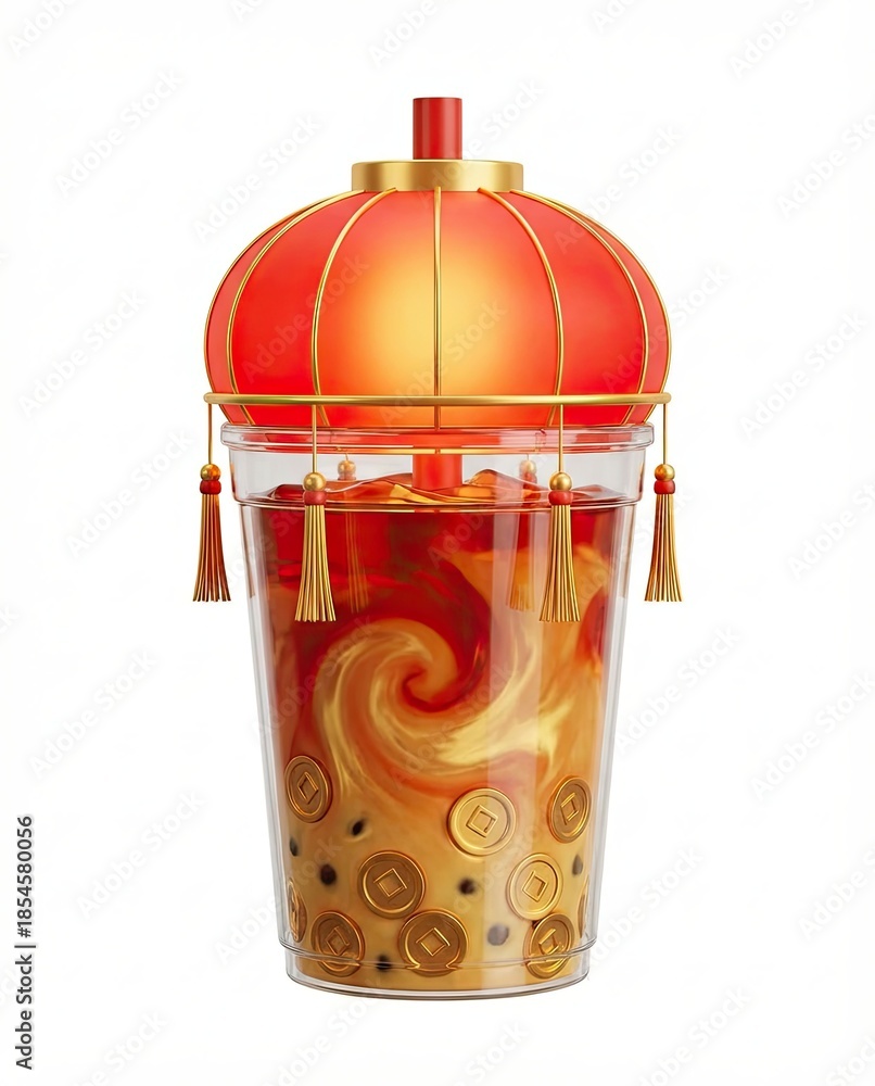 Obraz premium authentic human lifestyle concept Festive Lantern Inspired Bubble Tea with Swirling Design for commercial stock photography usage