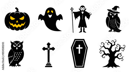 Halloween icons collection including a pumpkin, ghost, vampire, owl, cross, coffin and tree