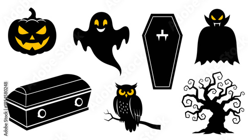 Collection of spooky Halloween icons including a pumpkin, ghost, coffin, vampire, owl, and dead tree