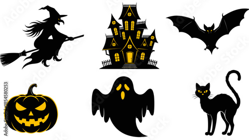 Halloween icons of witch, haunted house, bat, pumpkin, ghost, and black cat on white background