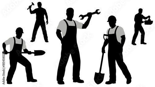 Dynamic collection of male worker silhouettes, showcasing various manual labor tasks with essential tools for construction and trade work