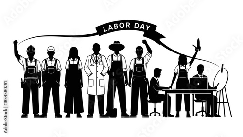 Diverse group of workers celebrating Labor Day with raised fists and celebratory gesture on a holiday