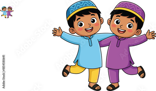 Two happy Muslim boys in traditional blue and purple thobes with prayer caps, cheerful Arab kids celebrating together, Islamic friendship vector illustration.