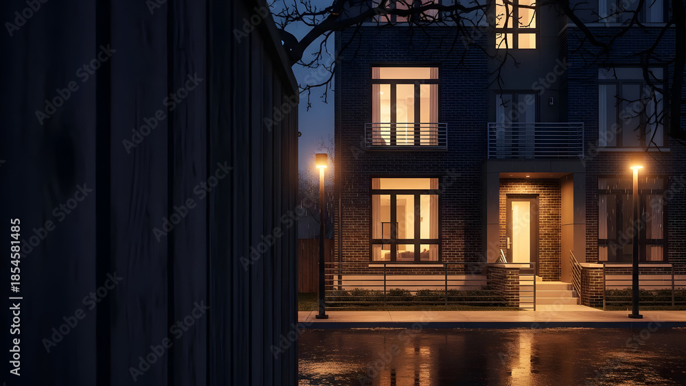 Obraz premium Quiet Residential Street at Night with Modern Townhouses and Wet Pavement Reflecting Lights
