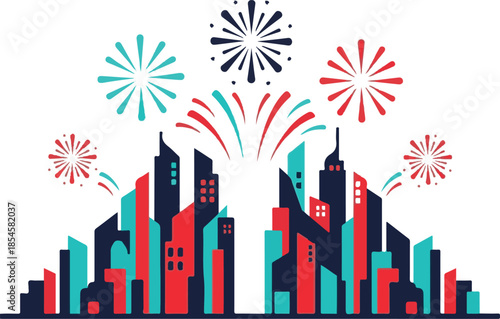 Colorful Fireworks Celebration Over Modern City Skyline Vector Illustration