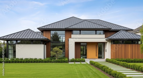 Modern two-story house with brown wood and white exterior, green lawn and blue sky