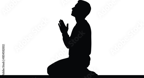 Silhouette of praying man kneeling with folded hands, spiritual faith devotion concept, religious worship illustration isolated on white background