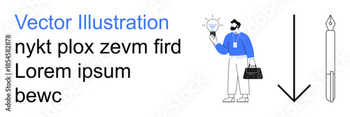 Creativity, business solutions, design concepts, inspiration, innovation, work productivity. A man holding a lit light bulb and a briefcase with a pen and arrow beside him. Creativity and business