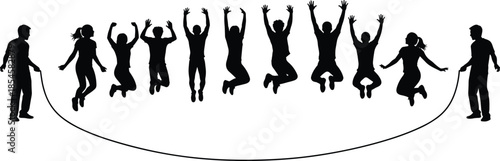 Group of people jumping rope silhouette, teamwork fitness exercise, joyful community activity concept isolated on white background